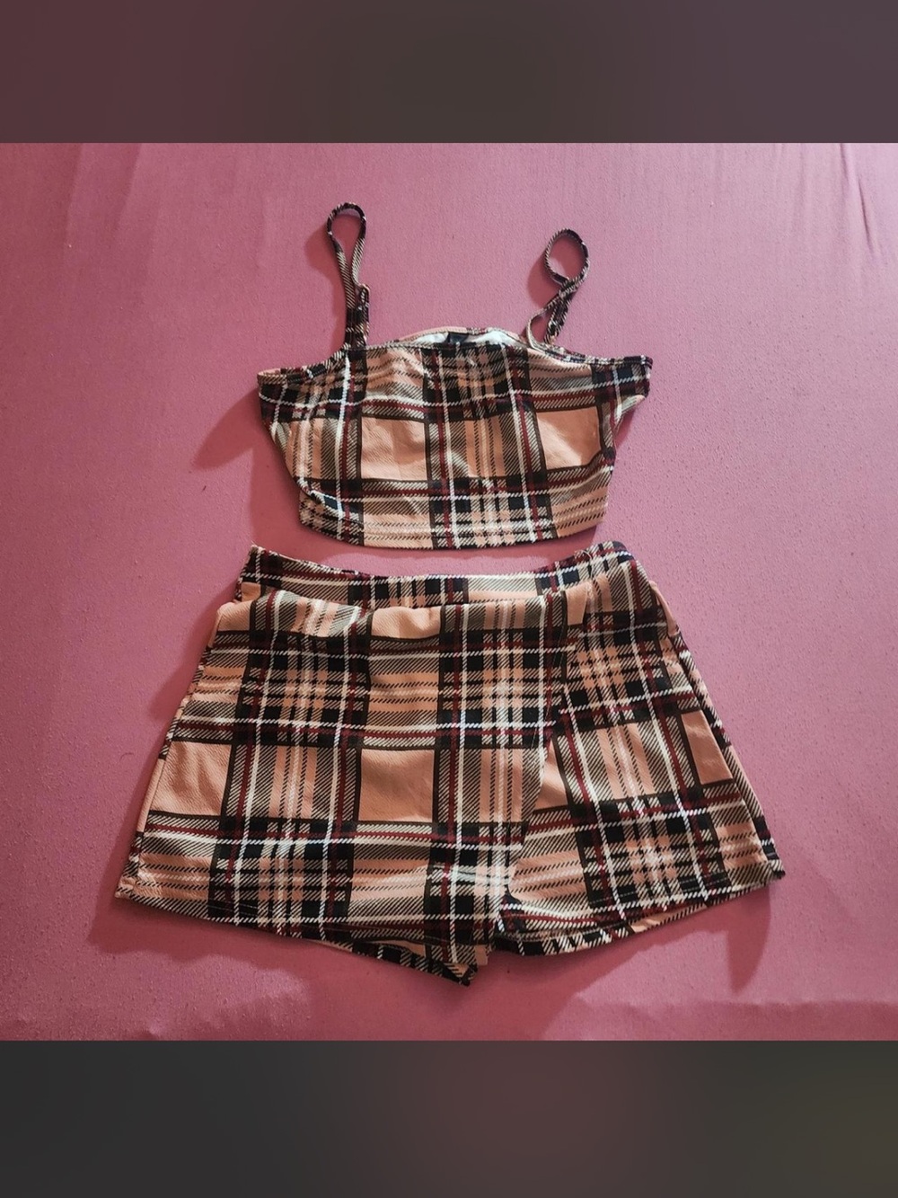 SHEIN Beige Black Pink Plaid Crop Top & Skirt Set